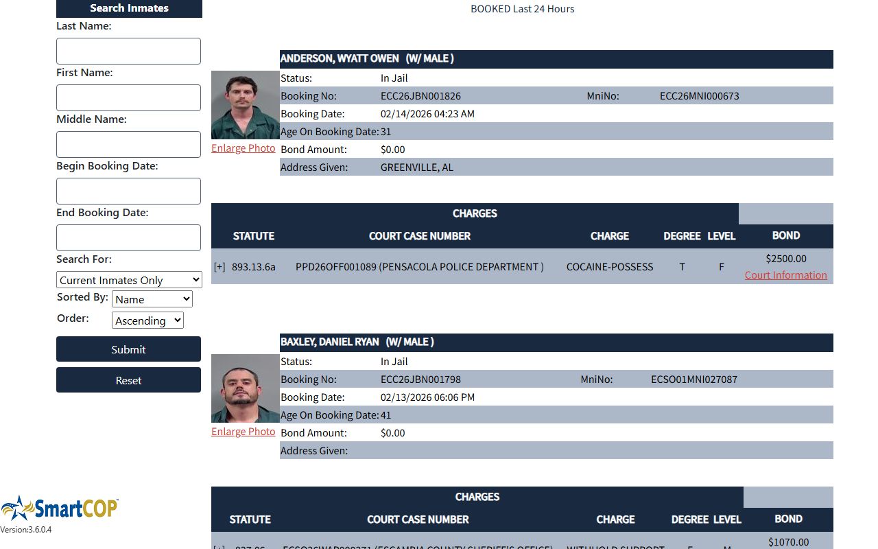 Escambia County Sheriff jail inmate search sex offender records