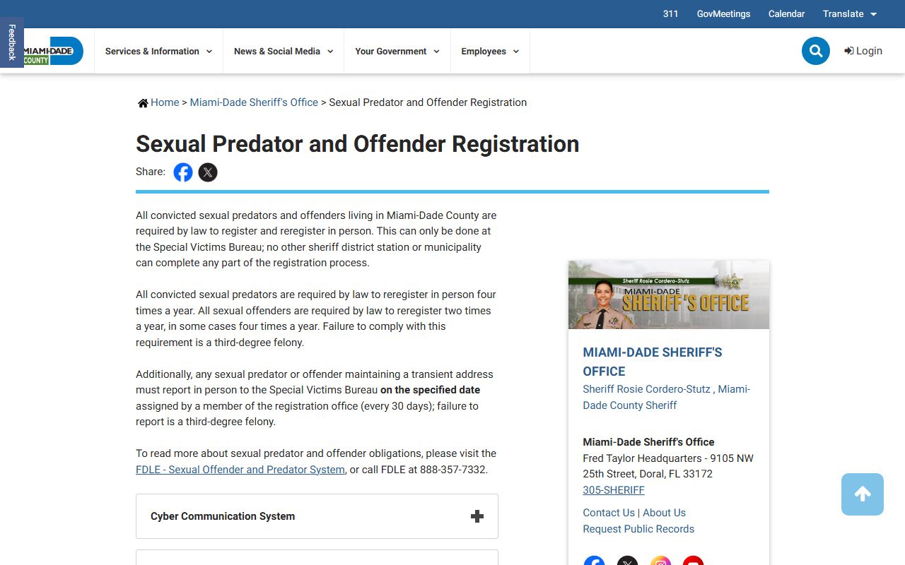 Miami-Dade sex offender registration service page