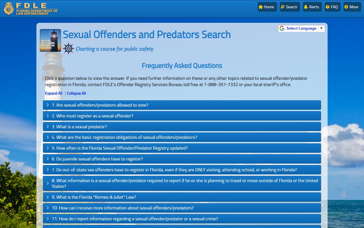 FDLE Florida sex offender FAQ page